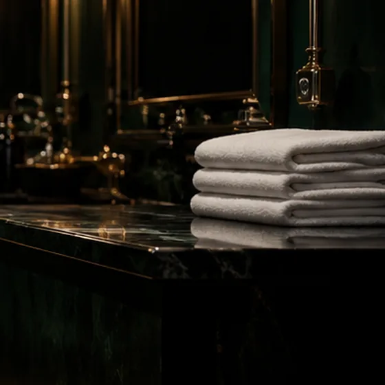 Folded towels on the malachite counter